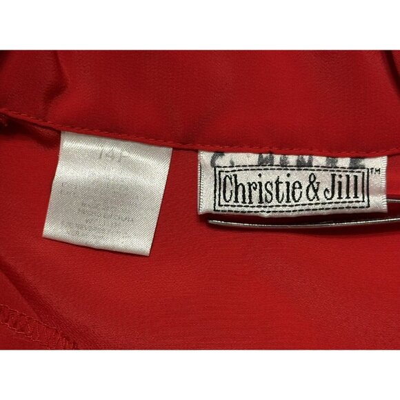 Vintage Christie & Jill Red Button Up Blouse Satin Trim Embroidered Petite 14P - Picture 3 of 9